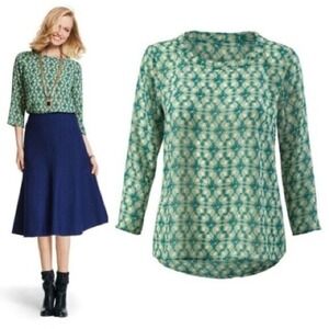 Cabi Womens Teal Leaf Print Long Sleeve‎ Tunic Top Blouse M